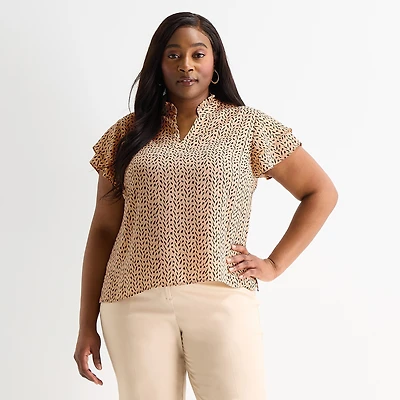 Liz Claiborne Womens Plus V Neck Short Sleeve Blouse