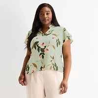 Liz Claiborne Womens Plus V Neck Short Sleeve Blouse