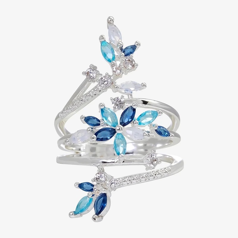Sparkle Allure Womens Blue Crystal Pure Silver Over Brass Flower Cluster Cocktail Ring