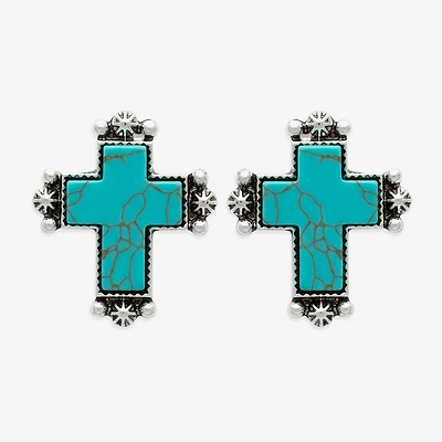 Bijoux Bar Silver Tone Blue Glass 26.6mm Cross Stud Earrings