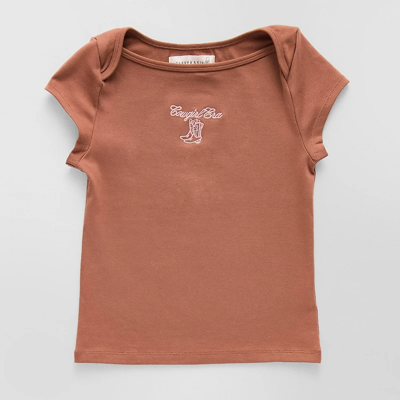 CLEVER & KIND Big Kid Girls Crew Neck Short Sleeve Embroidered T-Shirt
