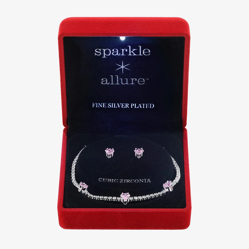 Sparkle Allure Light Up Box Womens Cubic Zirconia Pure Silver Over Brass Heart 2-pc. Jewelry Set