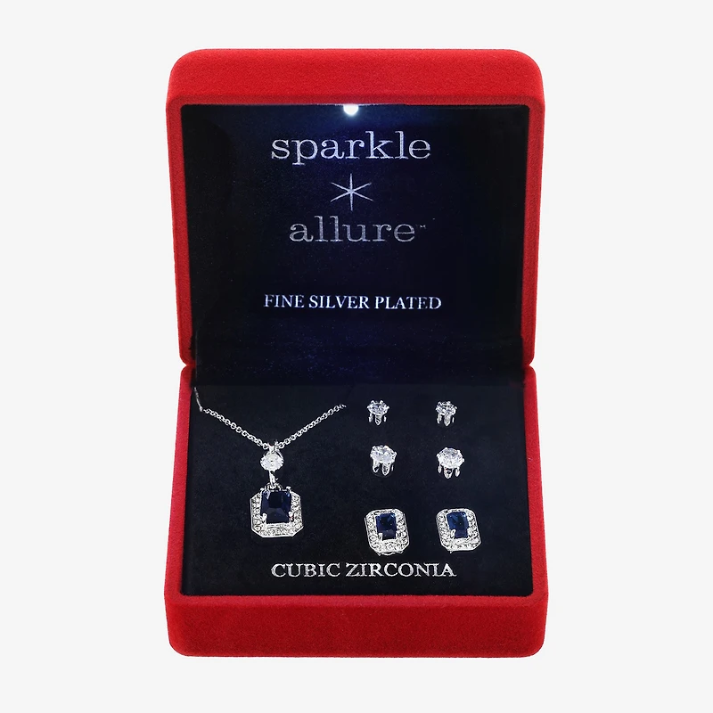 Sparkle Allure Light Up Box Halo Womens Blue Cubic Zirconia Pure Silver Over Brass Rectangular 4-pc. Jewelry Set
