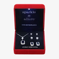Sparkle Allure Light Up Box Halo Womens Blue Cubic Zirconia Pure Silver Over Brass Rectangular 4-pc. Jewelry Set