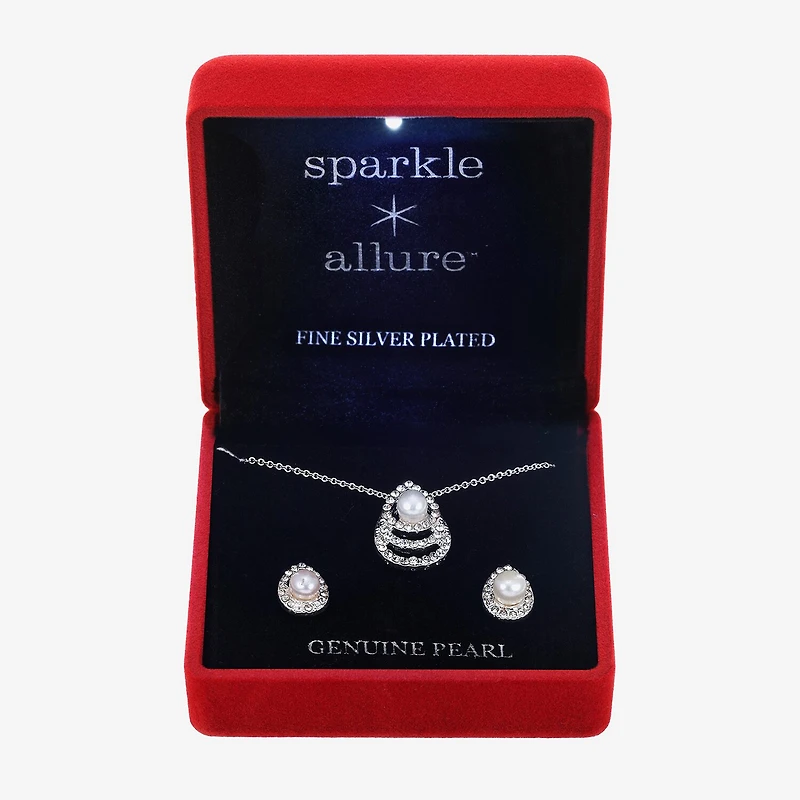 Sparkle Allure Light Up Box Womens Cubic Zirconia Cultured Freshwater Pearl Pure Silver Over Brass 2-pc. Jewelry Set