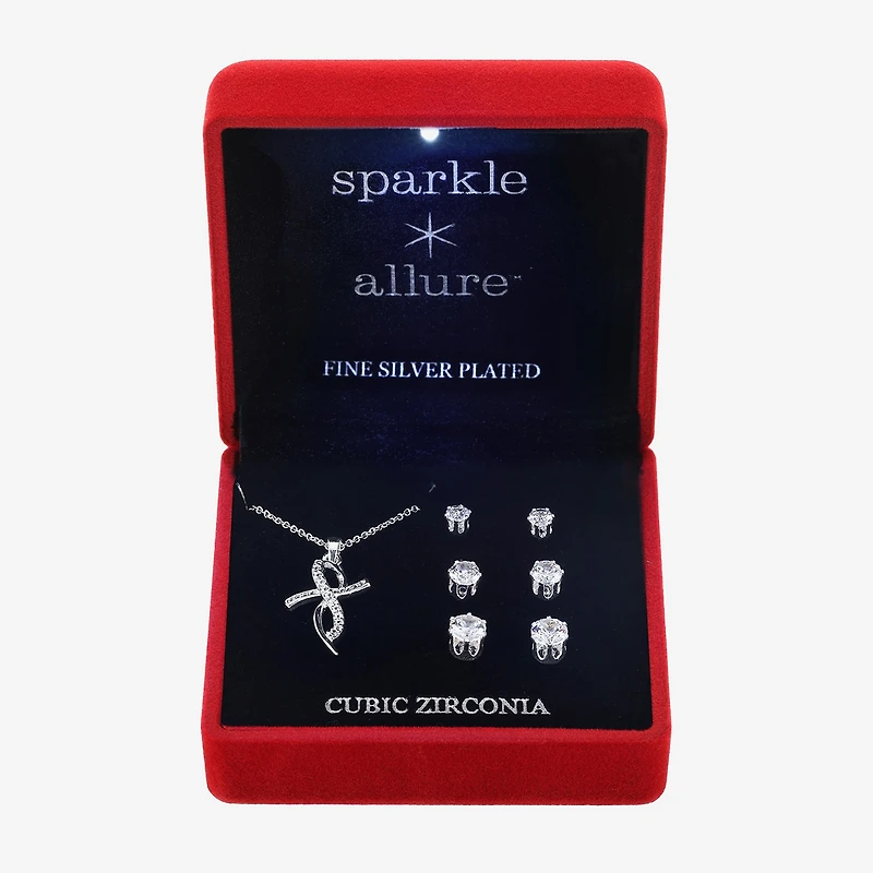 Sparkle Allure Light Up Box Womens Cubic Zirconia Pure Silver Over Brass Cross 4-pc. Jewelry Set