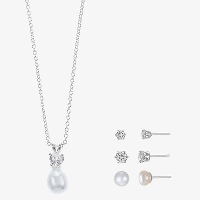 Sparkle Allure Light Up Box Womens Cubic Zirconia Cultured Freshwater Pearl Pure Silver Over Brass Round 4-pc. Jewelry Set