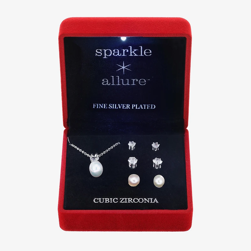 Sparkle Allure Light Up Box Womens Cubic Zirconia Cultured Freshwater Pearl Pure Silver Over Brass Round 4-pc. Jewelry Set