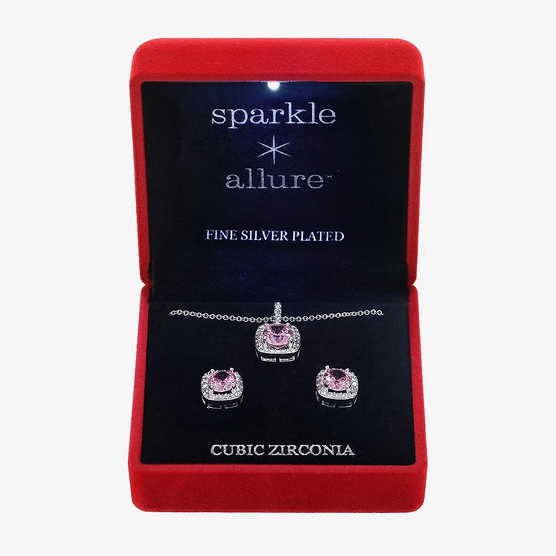 Sparkle Allure Light Up Box Halo Womens Pink Cubic Zirconia Pure Silver Over Brass Square 2-pc. Jewelry Set