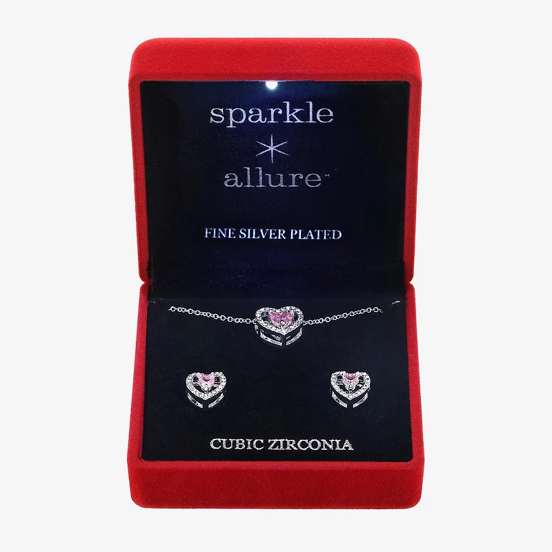 Sparkle Allure Light Up Box Halo Womens Pink Cubic Zirconia Pure Silver Over Brass Heart 2-pc. Jewelry Set