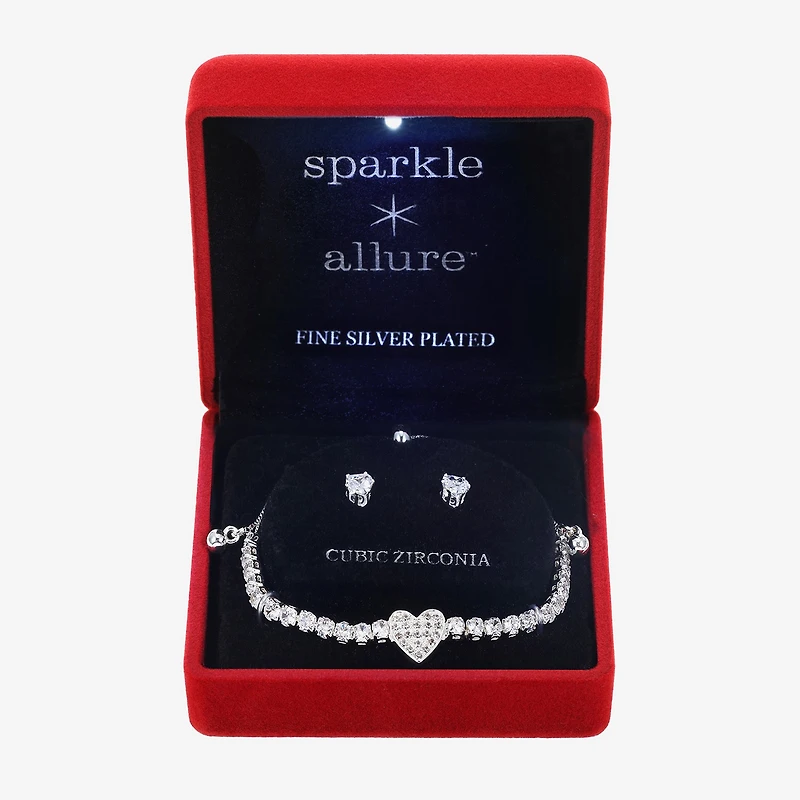 Sparkle Allure Light Up Box Womens Cubic Zirconia Pure Silver Over Brass Heart 2-pc. Jewelry Set