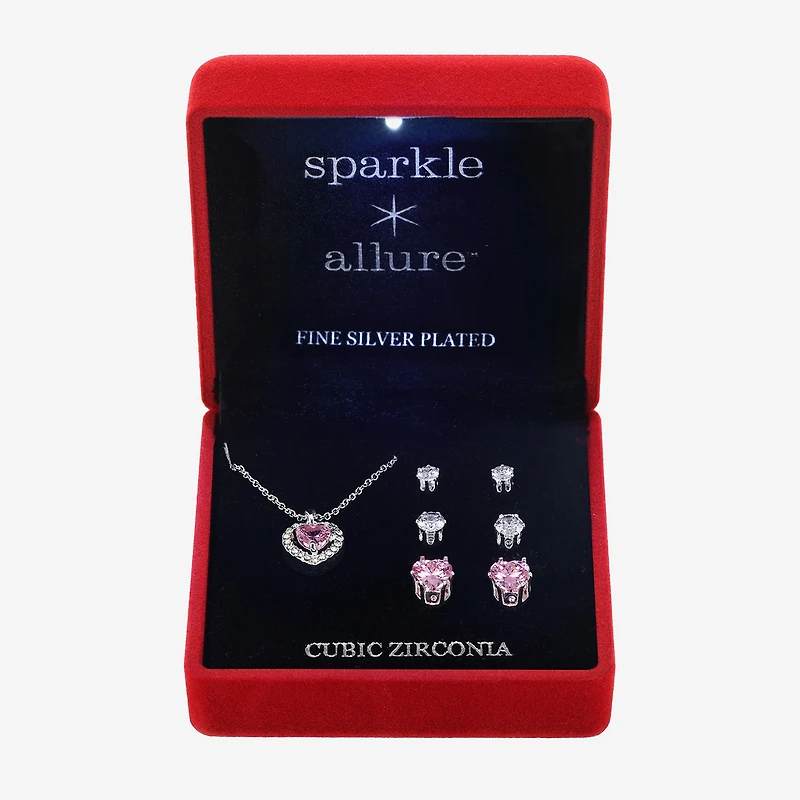 Sparkle Allure Light Up Box Womens Pink Cubic Zirconia Pure Silver Over Brass Heart 4-pc. Jewelry Set