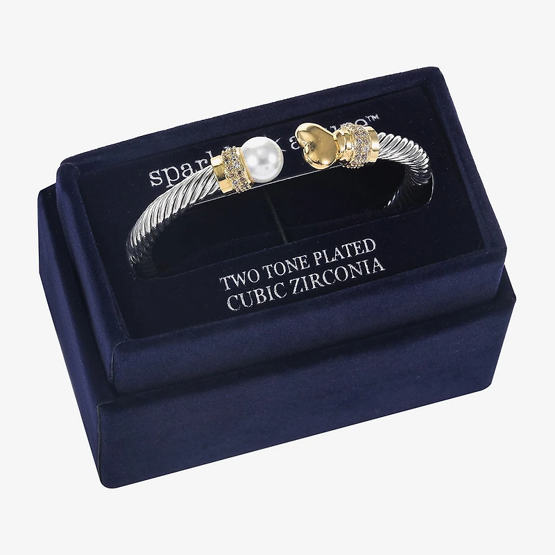 Sparkle Allure Rope Twist Cuff Womens Cubic Zirconia Simulated Pearl 14K Gold Over Brass Pure Silver Over Brass Heart Bangle Bracelet