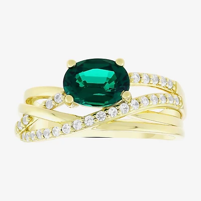 Womens Lab Created Green Emerald 14K Gold Over Silver Oval Crossover Cocktail Ring