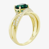 Womens Lab Created Green Emerald 14K Gold Over Silver Oval Crossover Cocktail Ring