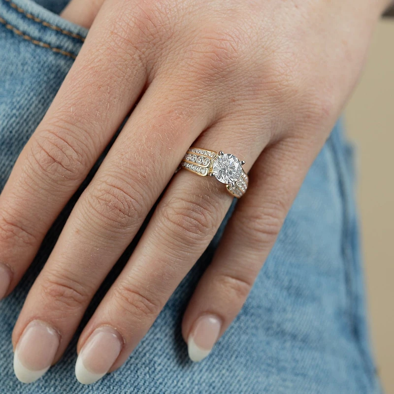 (F / Vs2) Womens 3 CT. T.W. Lab Grown White Diamond 10K Gold Round Side Stone Engagement Ring