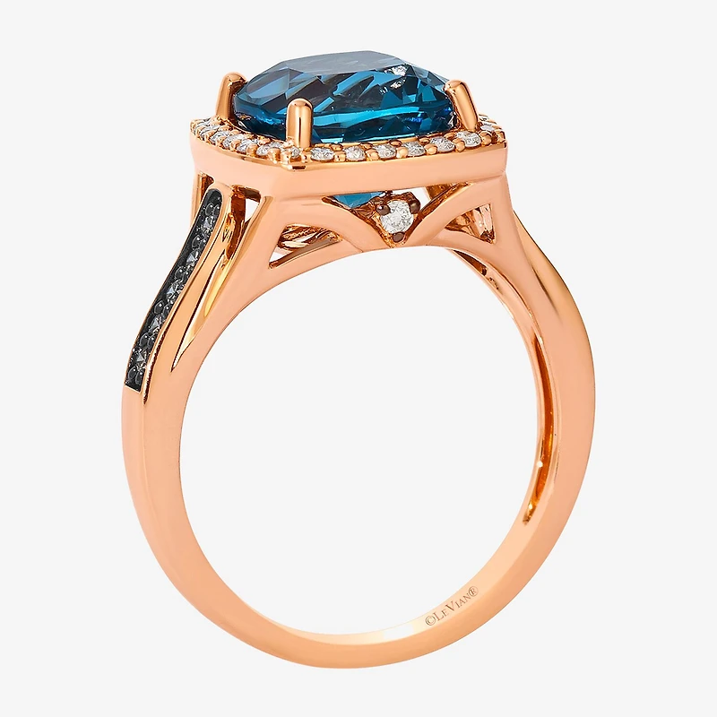 Le Vian Womens Genuine Blue Topaz 14K Gold Halo Side Stone Cocktail Ring