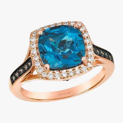 Le Vian Womens Genuine Blue Topaz 14K Gold Halo Side Stone Cocktail Ring