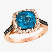 Le Vian Womens Genuine Blue Topaz 14K Gold Halo Side Stone Cocktail Ring