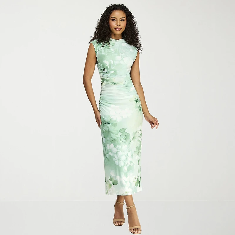 Premier Amour Womens Mock Neck Sleeveless Floral Sheath Dress