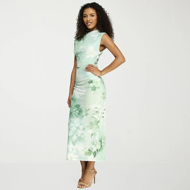 Premier Amour Womens Mock Neck Sleeveless Floral Sheath Dress