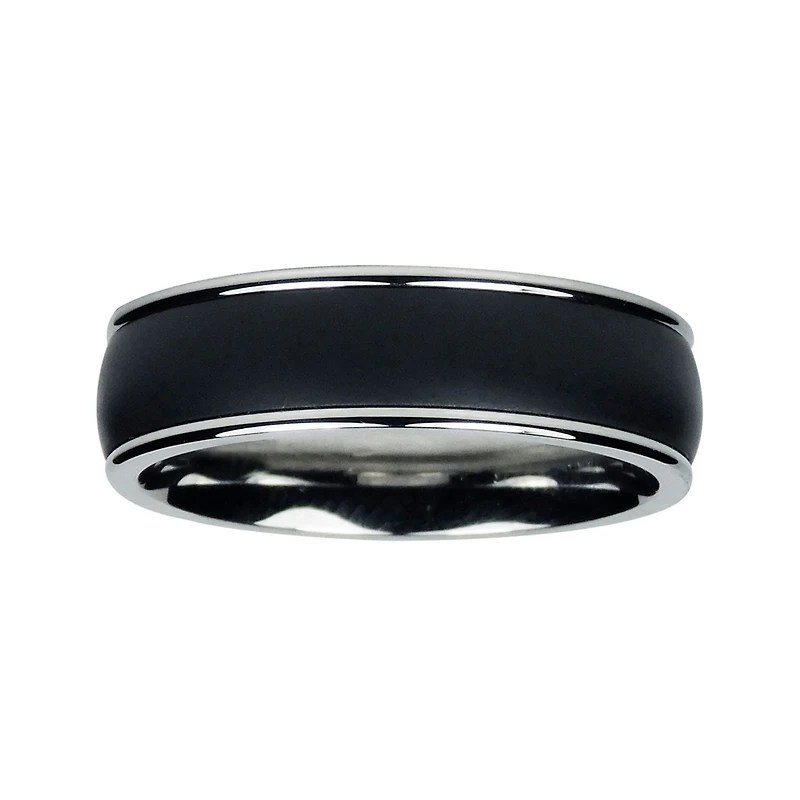 Mens 7mm Black Titanium and Stainless Steel Wedding Band