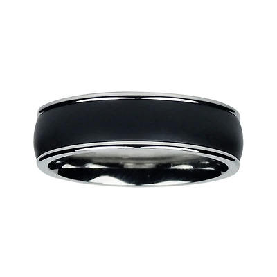 Mens 7mm Black Titanium and Stainless Steel Wedding Band