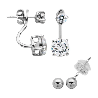 DiamonArt® White Cubic Zirconia Sterling Silver 2 Pair Earring Set