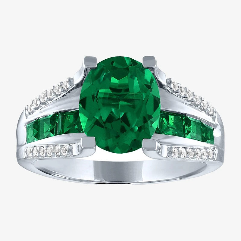 Womens Lab Created Green Emerald Sterling Silver Cocktail Ring