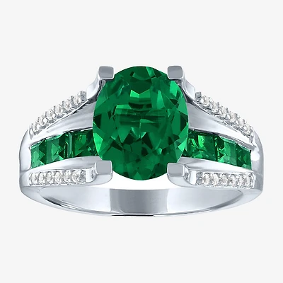 Womens Lab Created Green Emerald Sterling Silver Cocktail Ring