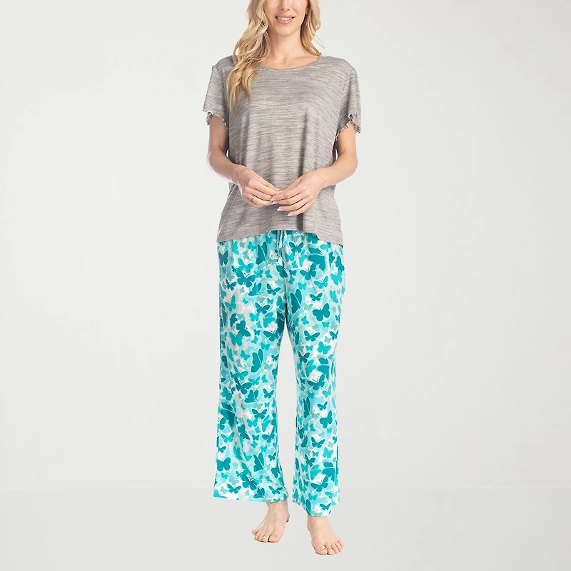 Muk Luks Womens Round Neck Short Sleeve 2-pc. Pajama Set