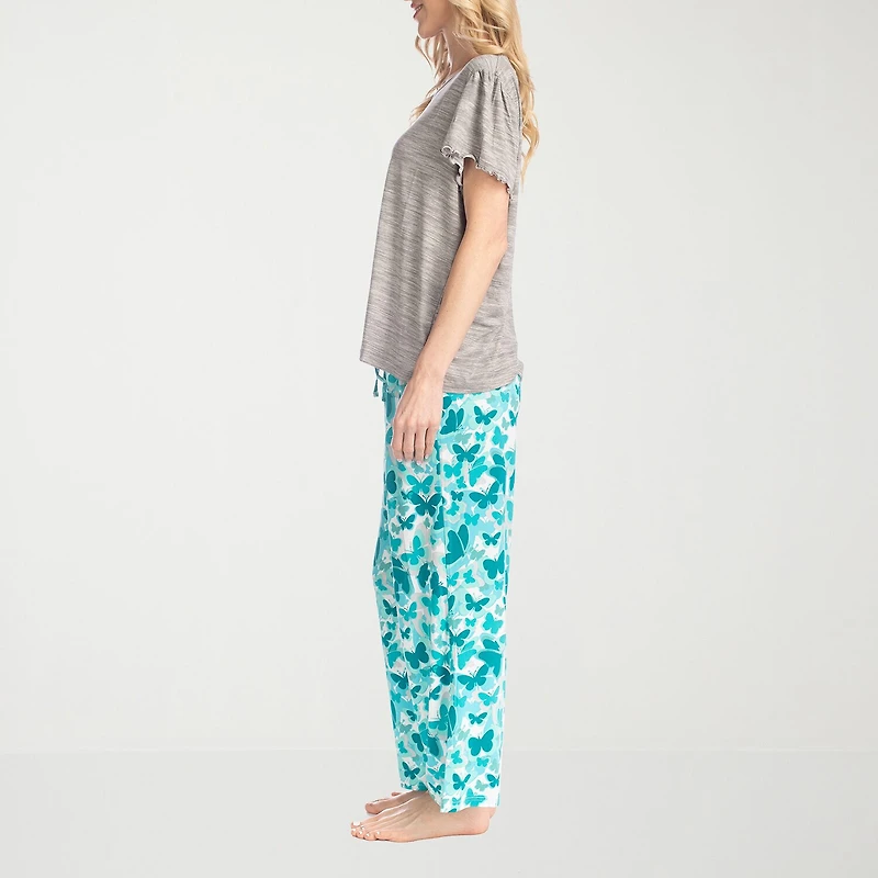 Muk Luks Womens Round Neck Short Sleeve 2-pc. Pajama Set