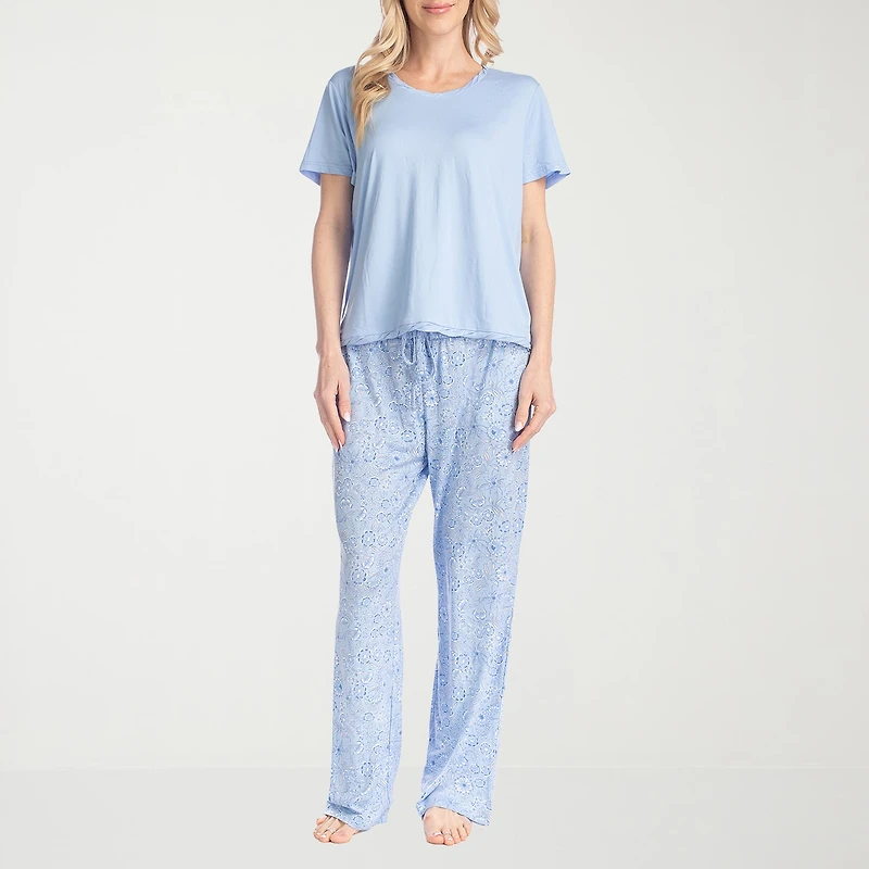 Muk Luks Womens Round Neck Short Sleeve 2-pc. Pajama Set