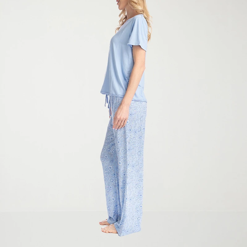 Muk Luks Womens Round Neck Short Sleeve 2-pc. Pajama Set