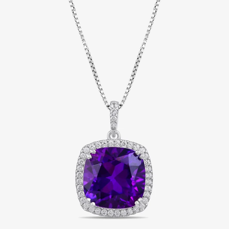 Womens Lab Created Purple Amethyst Sterling Silver Cushion 18 Inch Pendant Necklace