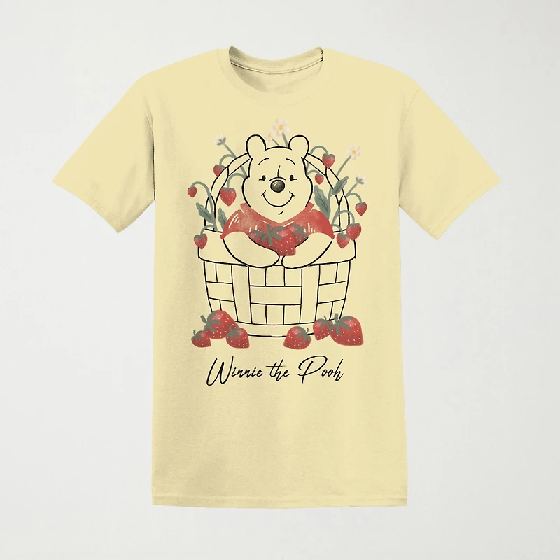Strawberry Basket Womens Juniors Crew Neck Short Sleeve Loose Fit Winnie The Pooh Graphic T-Shirt