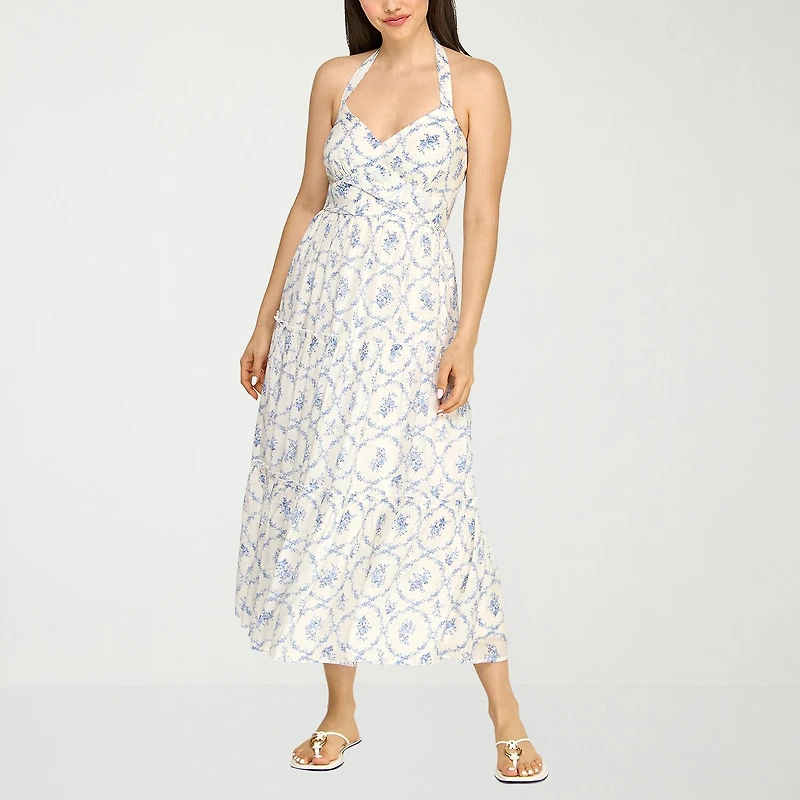 Trixxi Womens Juniors Midi Halter Neck Sleeveless Floral A-Line Dress