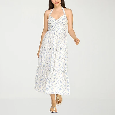 Trixxi Womens Juniors Midi Halter Neck Sleeveless Floral A-Line Dress