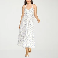 Trixxi Womens Juniors Midi Halter Neck Sleeveless Floral A-Line Dress