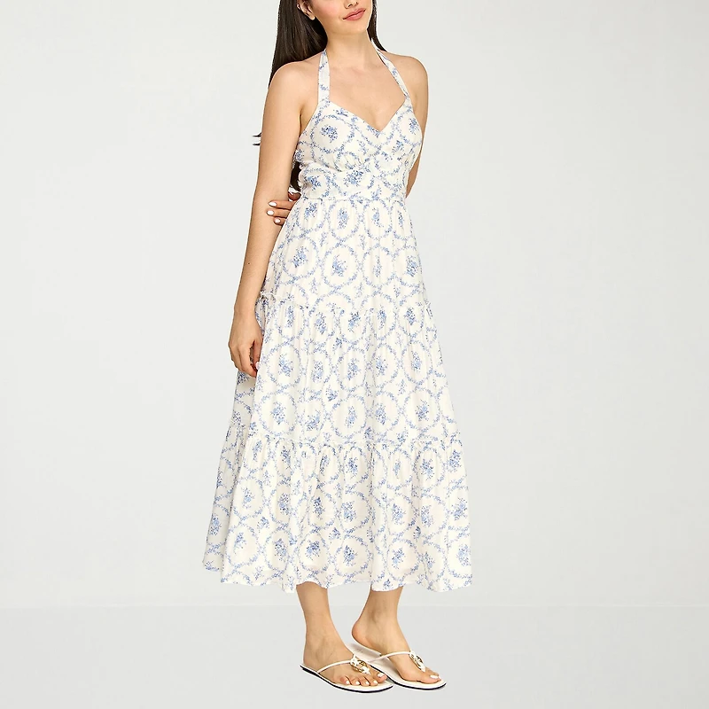 Trixxi Womens Juniors Midi Halter Neck Sleeveless Floral A-Line Dress