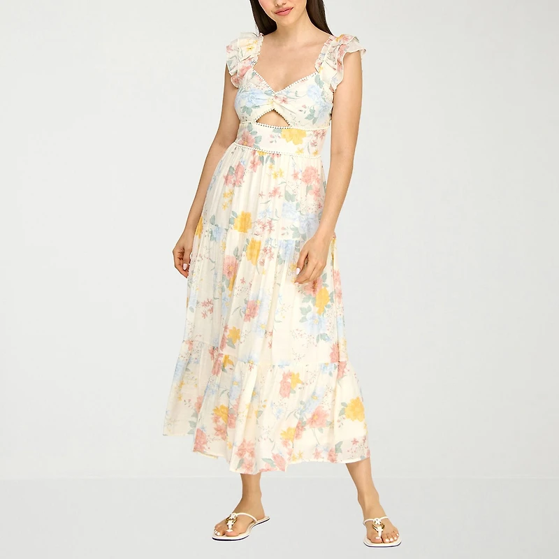 Trixxi Womens Juniors Midi Sweetheart Neck Short Sleeve Floral A-Line Dress