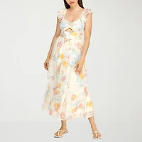 Trixxi Womens Juniors Midi Sweetheart Neck Short Sleeve Floral A-Line Dress