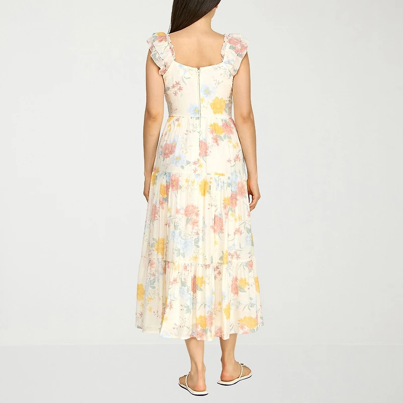 Trixxi Womens Juniors Midi Sweetheart Neck Short Sleeve Floral A-Line Dress