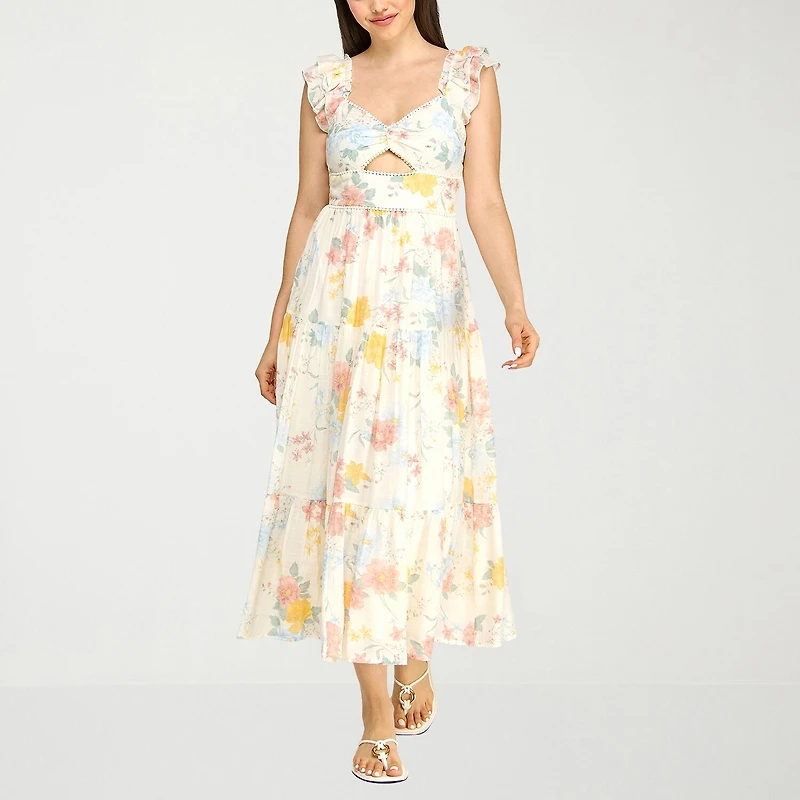 Trixxi Womens Juniors Midi Sweetheart Neck Short Sleeve Floral A-Line Dress