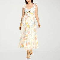 Trixxi Womens Juniors Midi Sweetheart Neck Short Sleeve Floral A-Line Dress