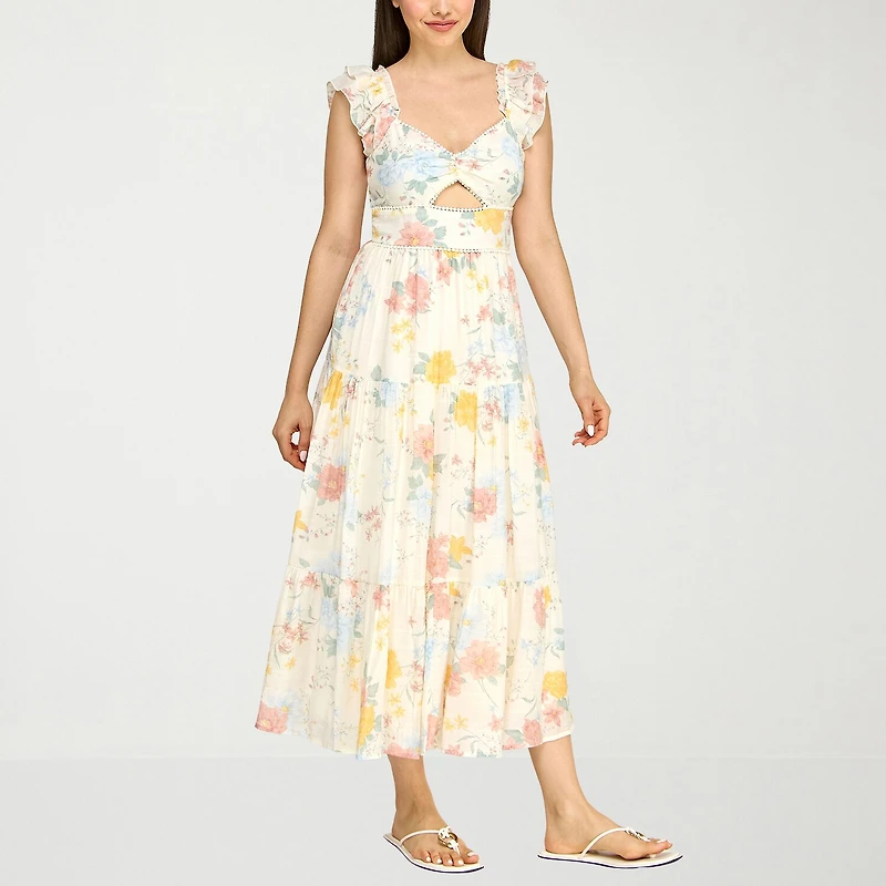 Trixxi Womens Juniors Midi Sweetheart Neck Short Sleeve Floral A-Line Dress