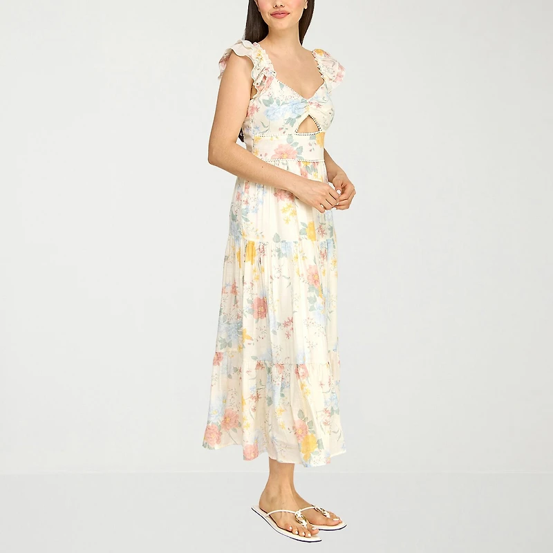 Trixxi Womens Juniors Midi Sweetheart Neck Short Sleeve Floral A-Line Dress