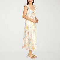 Trixxi Womens Juniors Midi Sweetheart Neck Short Sleeve Floral A-Line Dress