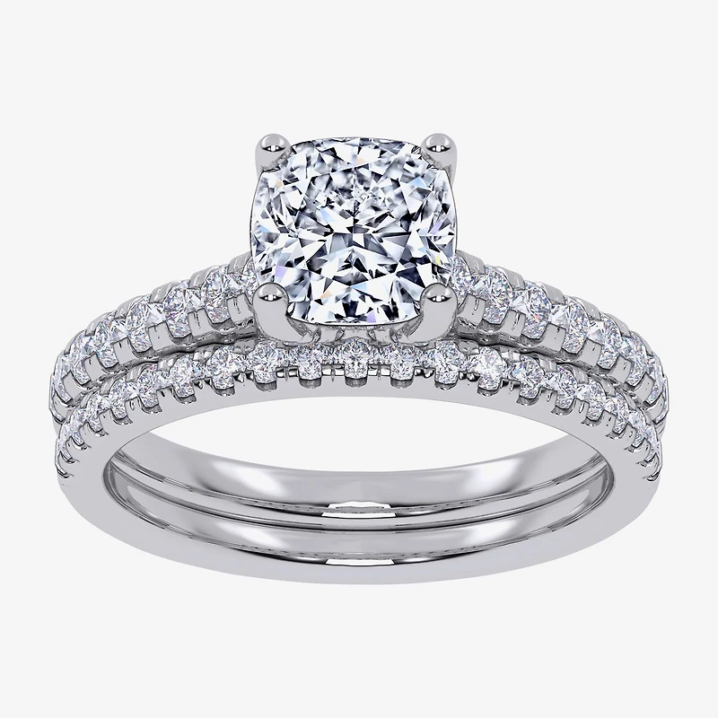 G / Vs2-Si1) Womens 1 CT. T.W. Lab Grown White Diamond 10K Gold Cushion Side Stone Bridal Set