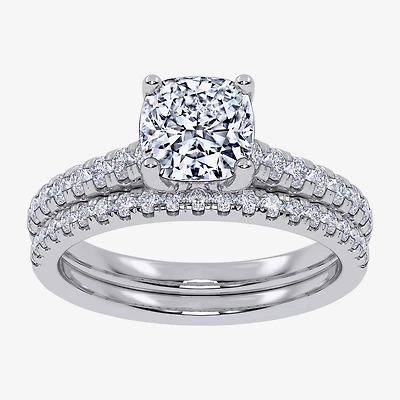 G / Vs2-Si1) Womens 1 CT. T.W. Lab Grown White Diamond 10K Gold Cushion Side Stone Bridal Set